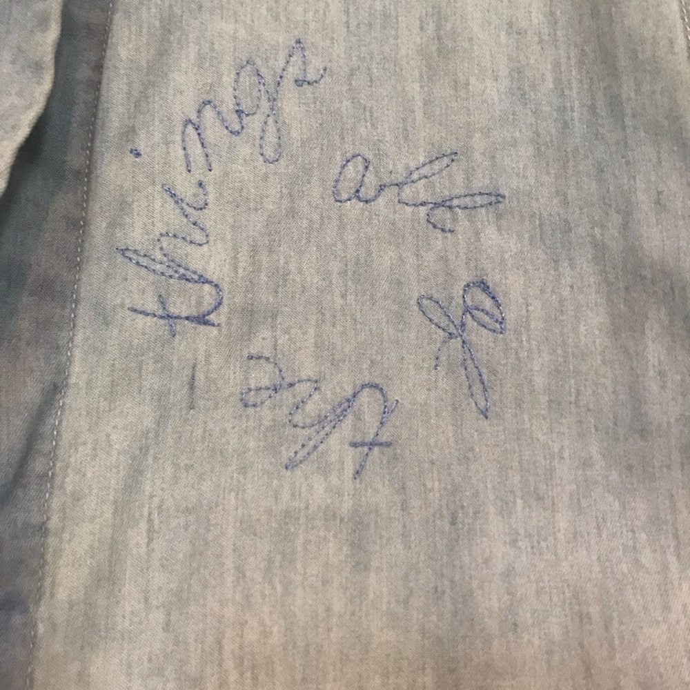 SOLD- Hand embroidered denim button up tank sz S
